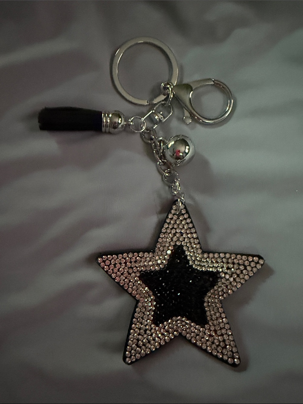 Rhinestone Star Keychain Tassel Charm - Black